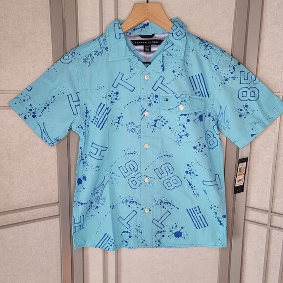 Tommy Hilfiger Blue Button Up Short Sleeved Shirt, Boys' Size Small, NWT - Picture 1 of 4